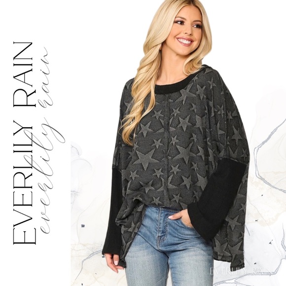 Everlily Rain Sweaters - Star Print Textured Soft Terry Top